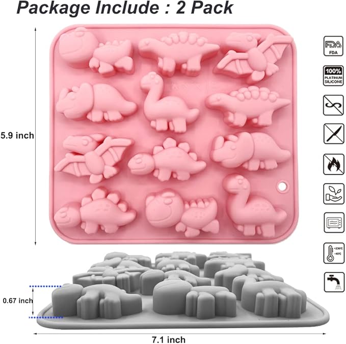 2 Pack 3D Cute Dinosaur Silicone Molds 12 Cavity Dinosaur Themed Baking Mould Tray DIY Baking Tool for Easter Chocolate Cake Dessert Candy Mousse Pastry Handmade Soap Cupcake Topper
