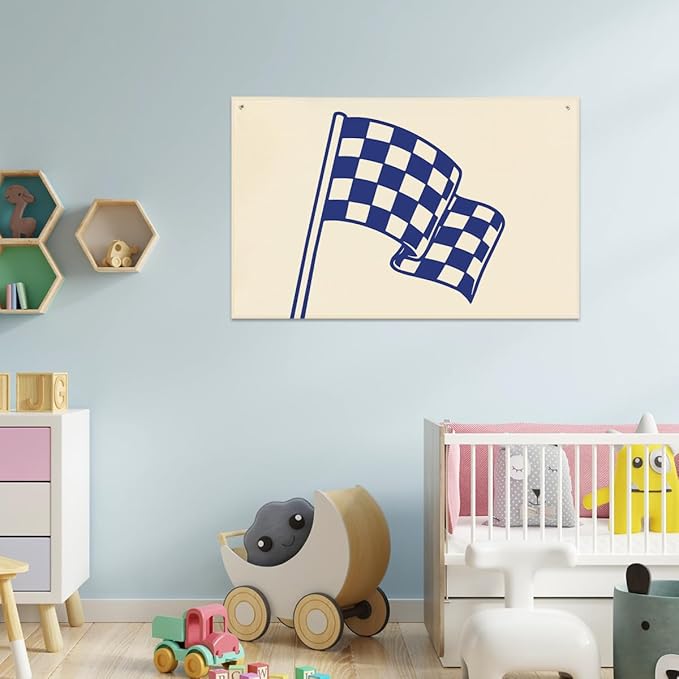 Boy Room Decor,Playroom Decor,Little Racer Dude Race Car Room Canvas Banner,Buffalo Plaid Racing Flag Hanging Flag Banner Perfect for Kids Nursery and Playroom Wall Decor,Racing Enthusiast Gifts