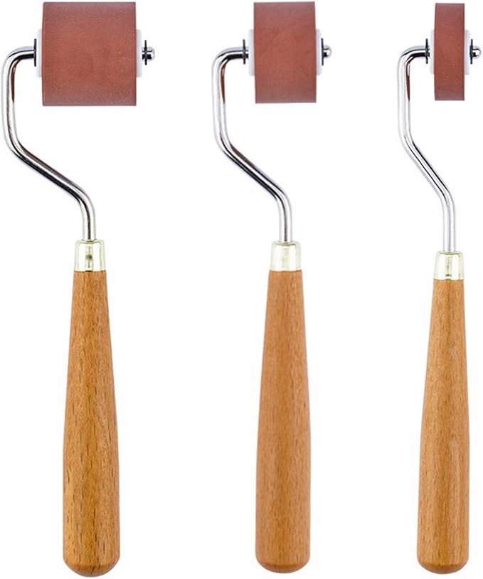 3Pcs Brayer Rubber Rollers, Printmaking Brayers, Art Craft Roller, Craft Stamping Brayers, Brayer Ink Roller with Comfort Wooden Handle for Print Stamping Tools Wallpapers and Scrapbooks