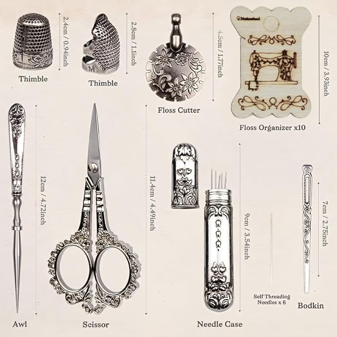 Vintage Embroidery Scissors Kit - Victorian Needlework Set with Thimble, Thread Cutter & Sewing Tools for Knitting, Quilting, Cross Stitch | Craft Gift
