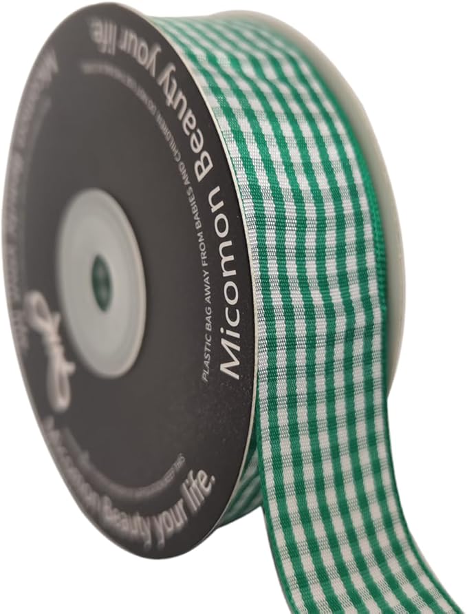 Green and White Woven Edge Plaid Ribbon 100% Polyester Gingham Ribbon 25 Yards Each Roll (1",Green)
