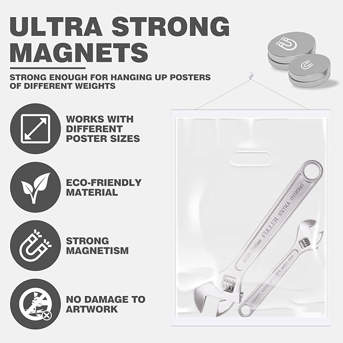 Ywlake Magnetic Poster Hanger, 12x18 12x16 12x24 Poster Frame Wood Wooden Magnet Print Posters Dowel Scroll Hanger Hangers Hanging Kit for Walls Map Canvas Artwork (White, 12")