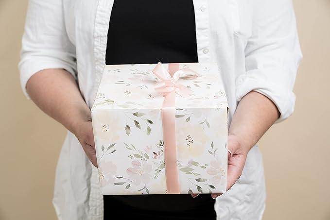 Itsy Belle Studio Floral Wedding Wrapping Paper sheets + Ribbon Set with Tags - White Gift Wrap, Pink Floral, Boho Bridal Shower