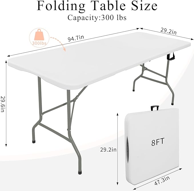 Folding Tables with Carrying Handle Heavy Duty Rectangular Portable Plastic Camping Table Steel Legs for Party, Dining, Wedding, Events, Picnic Indoor, Outdoor (8FT, White)