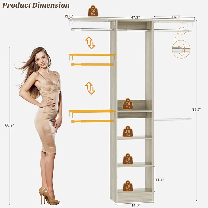 48" Small Closet Organizer, 4FT Small Closet System with 4 Closet Rods & 3 Shelves, 80"H Small Closet Organizers and Storage for Small Bedooms, Cloakrooms, Laundry Rooms, White Oak