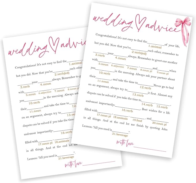 Wedding Shower Games Cards, Wedding Advice Word Game, Bridal Shower Games 25 Guests, Engagement Party Wedding Games for Guests, Pink Ribbon Bow Wedding Party Supplies - E06