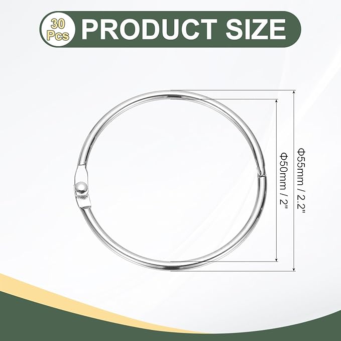 PATIKIL 2" x 2.2" Loose Leaf Binder Rings, 30 Pcs Metal Book Rings Nickel Keychain Ring for Paper Index Cards Flash Card Notebook Rings Office Home Book Binder, Silver Tone