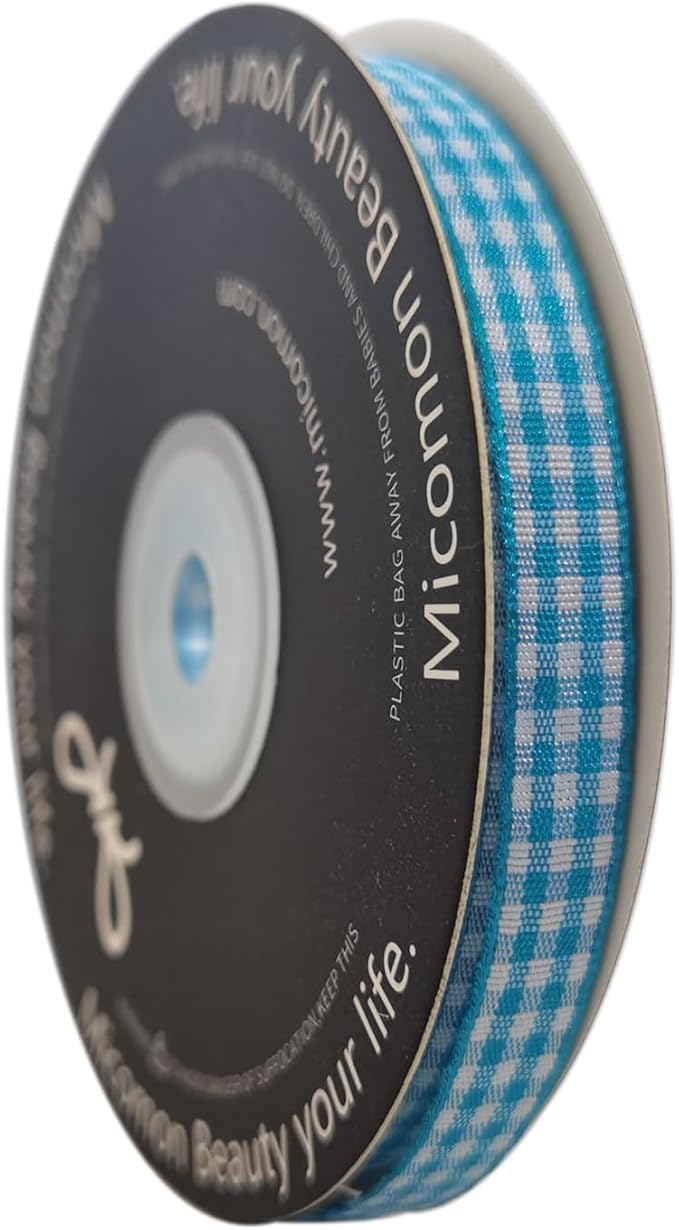 Micomon Vivid Blue and White Woven Edge Plaid Ribbon 100% Polyester Gingham Ribbon 25 Yards Each Roll (3/8",Vivid Blue)