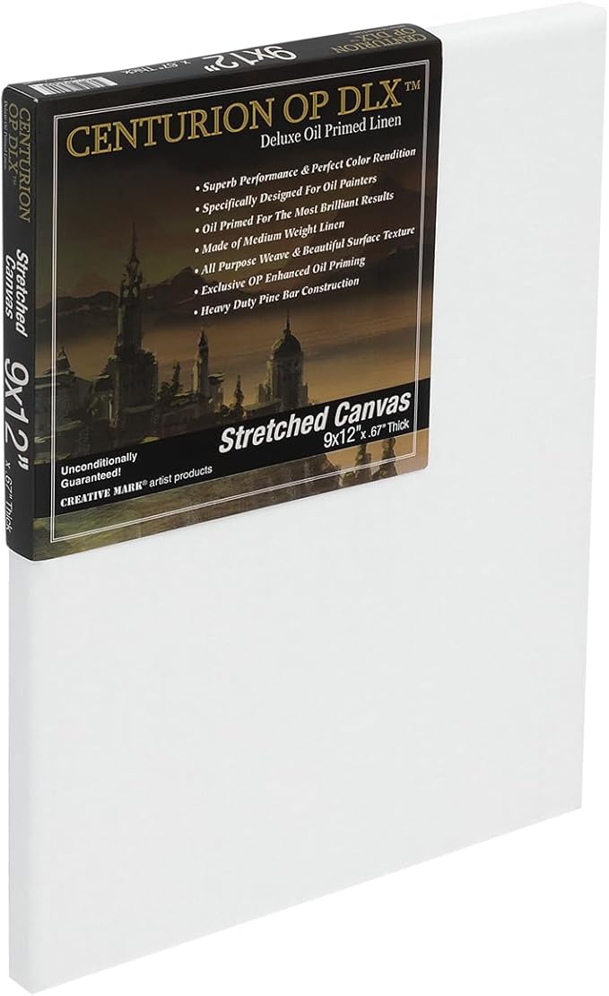 Centurion Deluxe Professional Oil Primed Linen Stretched Canvas, 11oz Linen, 9x12 - Box of 6, 0.67" Deep Canvases, Kiln-Dried Stretchers, Back Stapled, Premium Medium Weight Canvas for Oil Paintings