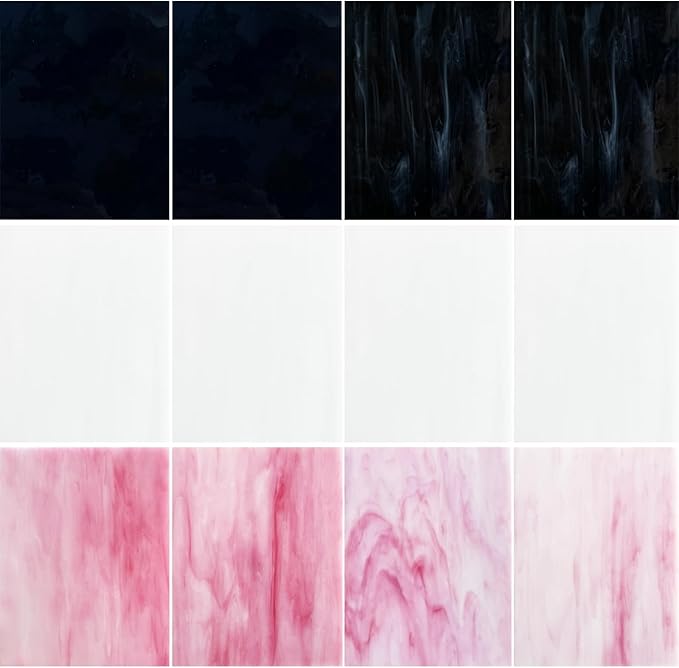ILLUCKAI 12 Sheets Black + White +Pink Stained Glass Sheets, 4 x 6 inch Stained Glass Supplies Mosaic Glass Pieces Tiles for Mosaic Art Crafts