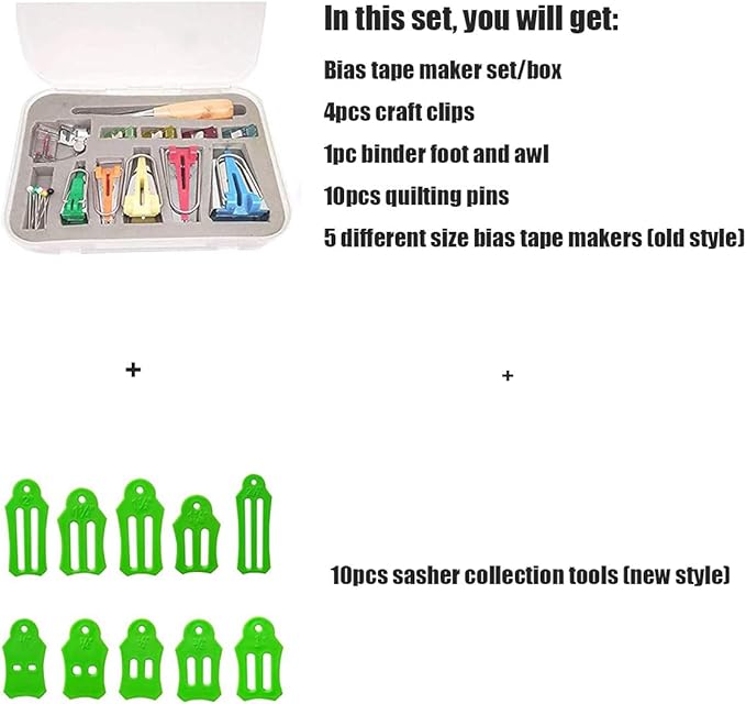 YICBOR Bias Tape Maker Kits All 5 Sizes 6MM 9MM 12MM 18MM 25MM Binding Foot Craft Clips Awl Quilter's Pin Comes with 10pcs Multi-Sizes Folding Fabric and Biasing Strips Roll Tool Set (Green)