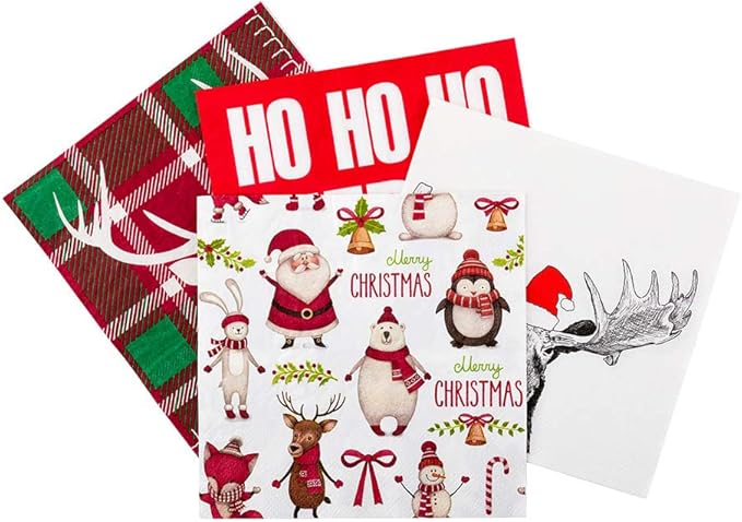 13 Inch Paper Luncheon Napkins, 20 Merry Christmas Design Printed Napkins - 3-Ply, Textured Edges, White Paper Decorated Napkins, Soft And Strong, For Parties Or Catering Events - Restaurantware