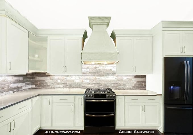 ALL-IN-ONE Paint, Durable cabinet and furniture paint. Built in primer and top coat, no sanding needed. Includes our 30 featured color card - Saltwater (pale green), Quart