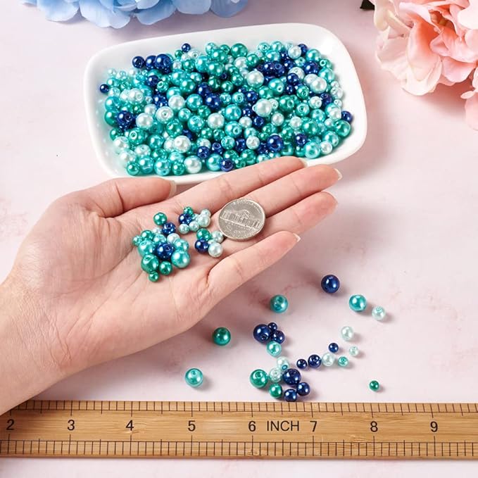 1840Pcs 4/6/8mm Glass Pearl Beads Pearlized Beads Multi Colors Round Spacer Beads for DIY Craft Jewelry Making Hole: 1mm, Mixed Blue