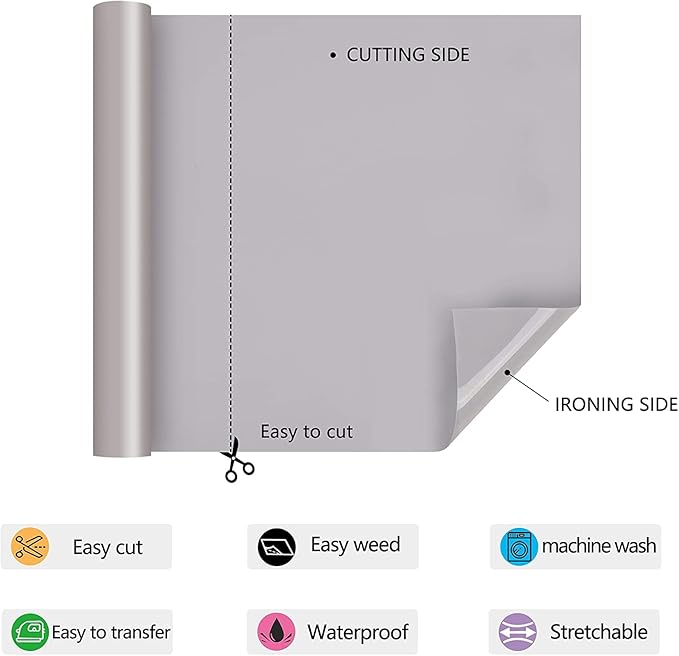 RENLITONG Grey HTV Iron on Vinyl 12Inch by 10ft Roll Heat Transfer Vinyl for T-Shirt HTV Rolls for All Cutter Machine - Easy to Cut & Weed for Heat Transfer Design
