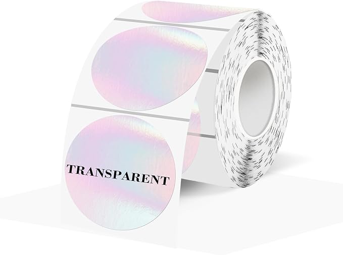 Transparent Thermal Labels Stickers 1.5 Inch, Clear Waterproof Direct Thermal Labels Stickers Self-Adhesive, Perforation Line Design (350 Pcs, Holographic Pink)