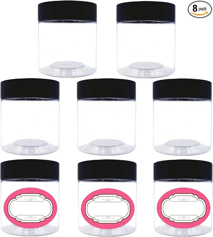 4 oz Plastic Jars with Lids,8 Pack Wide-mouth Clear Storage Containers, Empty Round Clear Plastic Jars with Lids and labels for Body Butter, Bath Salt, Slime and Beauty Products