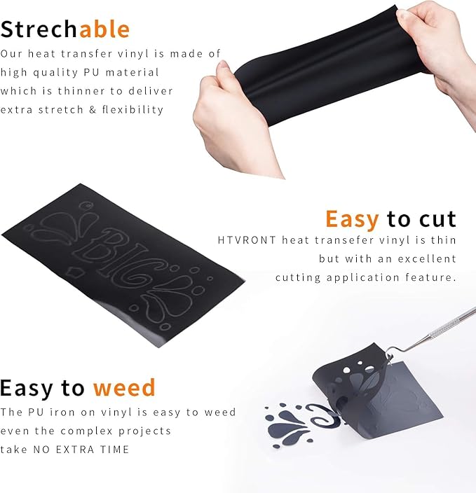 HTVRONT Black HTV Heat Transfer Vinyl Bundle: 24 Pack 12"x12" Iron on Vinyl Sheets for T-Shirt (1 PTFE Sheet Included), PU HTV Easy to Cut & Weed for Heat Design