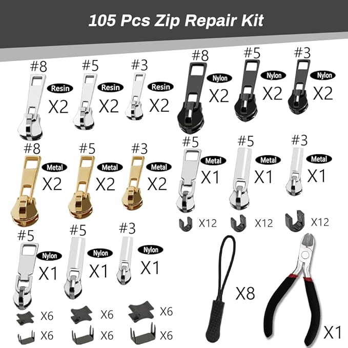 105 Pieces Zipper Repair Kit #3#5#8, Zipper Replacement with Install Plier for Repairing Coats, Jackets, Tents, Backpacks, Sleeping Bag, Luggage