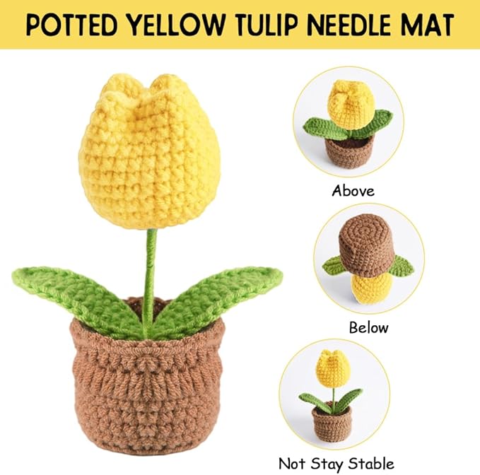 Tulip Pin Cushion, Handmade Knitted Pincushions, Cute Pin Cushions Needle Holders for Sewing Quilting Accessory, DIY Crafts or Patchwork Decor.Flowerpot Design Yellow Tulip