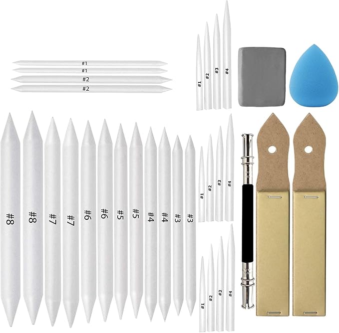 33 Pcs Blending Stumps and Tortillions Paper Art Blenders Drawing with Sandpaper Pencil Sharpener Extension Kneaded Eraser Rubbing Sponge for Student Artist Charcoal Sketch Drawing Tool