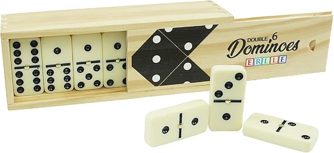 ERLLE - Dominoes Set, Premium Classic 28-Piece Double Six Domino Set with Wooden Case, Family & Kids Board Game, Mexican Train, Chicken Foot, and Classic Domino Games