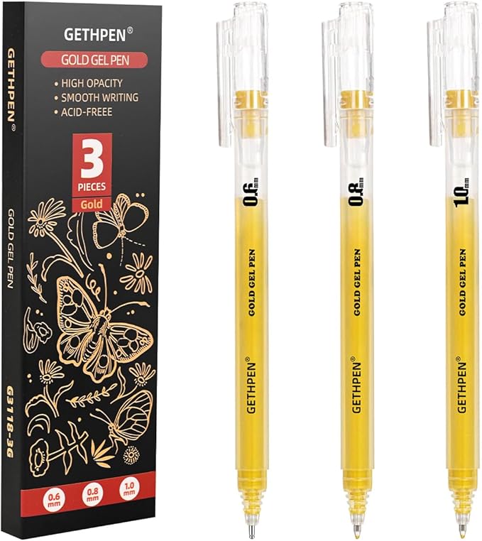Gold Gel Pens 3-Pack - 0.6/0.8/1.0mm Fine to Bold Tips for Black Paper, Bullet Journaling & Holiday Crafts - Metallic Ink Set for Artists, Card Making & DIY Gifts