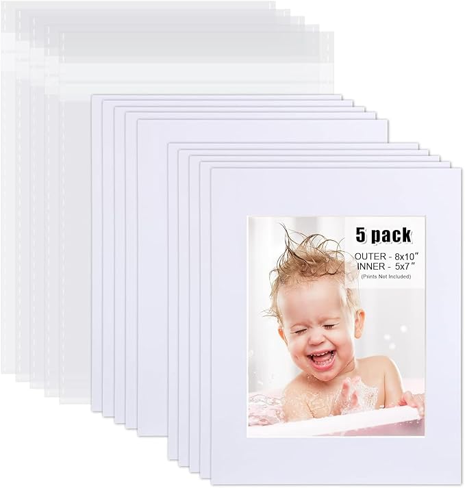 Egofine Pack of 5 White Mat Board Pre-Cut 8x10 Picture Mat for 5x7 Photo with White Core Bevel Cut Mattes Sets. Includes 5 High Premier Acid Free Mats & 5 Backing Board & 5 Clear Bags