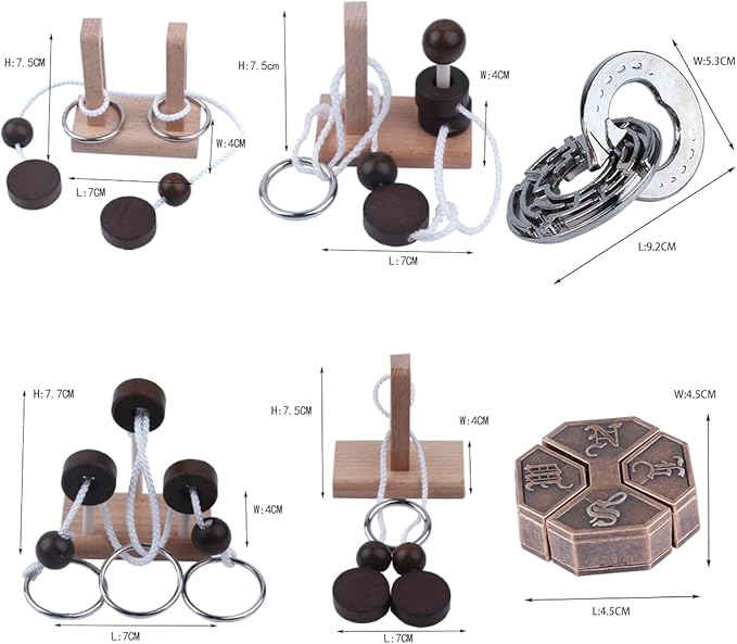 Wooden and Metal 3D Unlock Interlock Assorted Brain Teasers Puzzles，IQ Logic Training Family Game Party Favor Coffee Table Time Unlock Interlock Mind Puzzles Box（6Pcs）