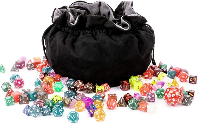Large DND Dice Drawstring Bags with Pockets Black Storage Bag for RPG MTG Game Dices Capacity Over 300 Dice