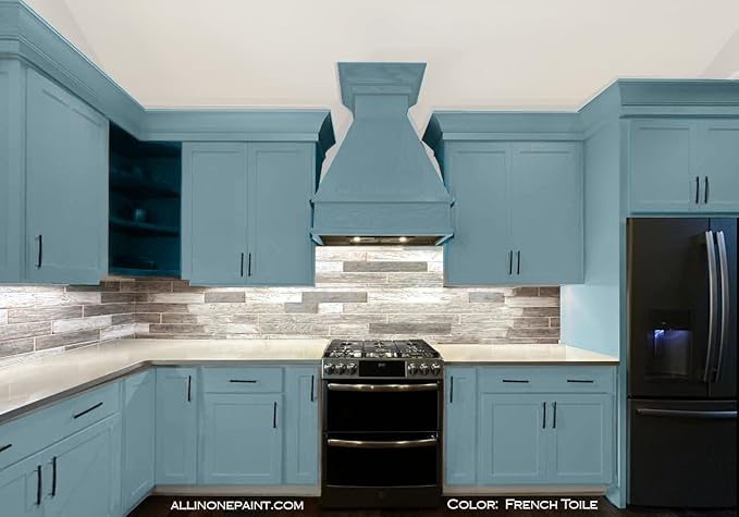ALL-IN-ONE Paint, Durable cabinet and furniture paint. Built in primer and top coat, no sanding needed. Includes our 30 featured color card - French Toile (warm blue), 8oz Sample