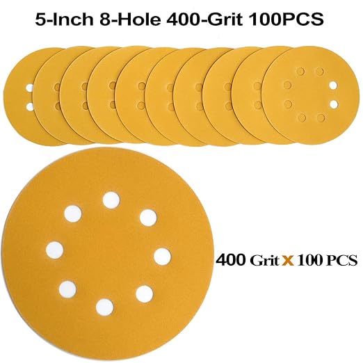 5-Inch 8-Hole Hook and Loop Sanding Discs 400-Grit Random Orbit Sandpaper, 100-Pack