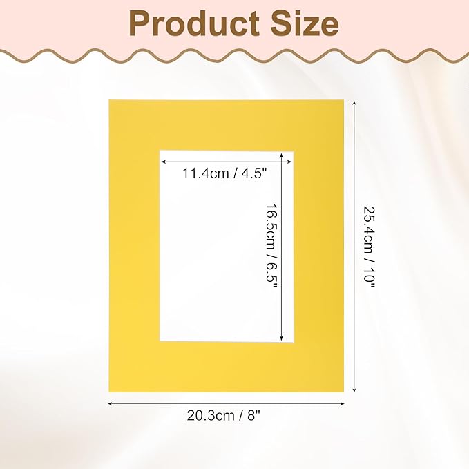 Picture Mats, 8 x 10 for 5 x 7 Pictures Acid Free White Core Bevel Cut Frame Mattes for Display Art Measuring, Yellow