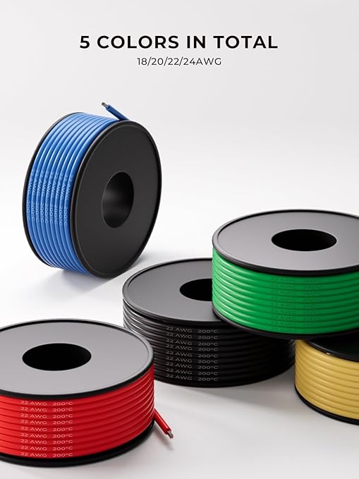 22 AWG Silicone Wire Kit 150FT, 22 Gauge Stranded Tinned Copper Wire Spool, 5 Colors 30FT Each,Flexible Electrical Wire for DIY, Automotive, LED, Arduino, Battery Projects