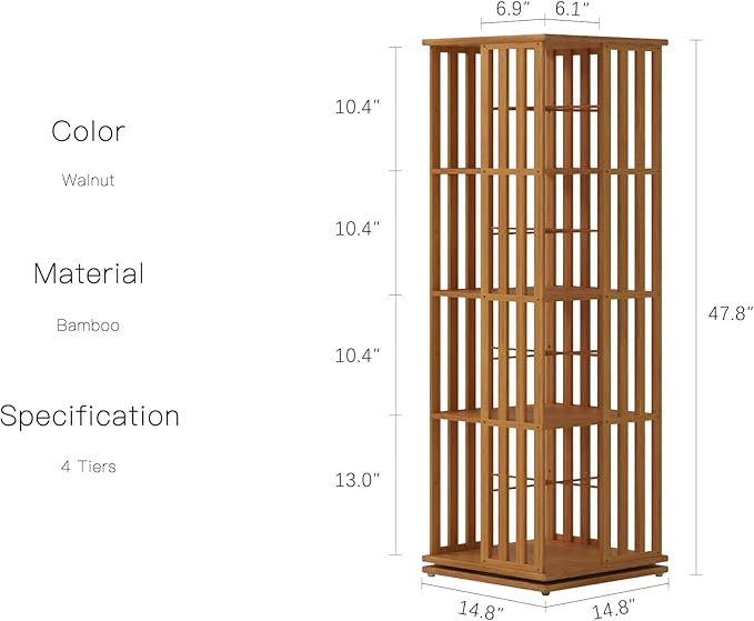YOWOS Rotating Bookshelf Tower, 360 Display Spinning Bookcase, Bamboo Bookshelf Floor Standing Storage Rack, Wood Narrow Book Shelf Organizer for Kids&Adults (Walnut, 4 Tier)