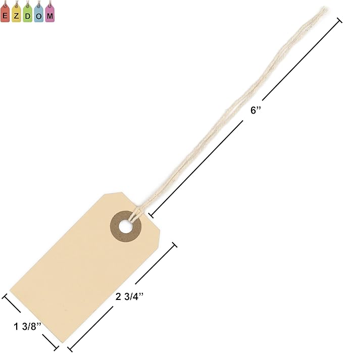 Manila Tags with String Attached - #1, 2 3/4” x 1 3/8” Box of 250 Small Blank 13pt Paper Tags with Hole and Strings Attached, Small Labels with Strings