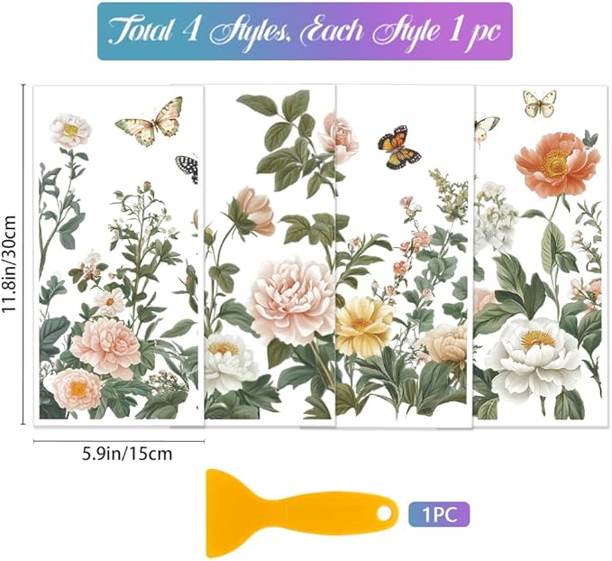 GLOBLELAND 4 Sheets Light Vintage Florals Furniture Transfer 11.8x5.9inch Butterflies Peonies Rub on Transfer Wildflowers UV Self-Adhesive Stickers Wall Art Craft for Bedroom Living Room Desk Table