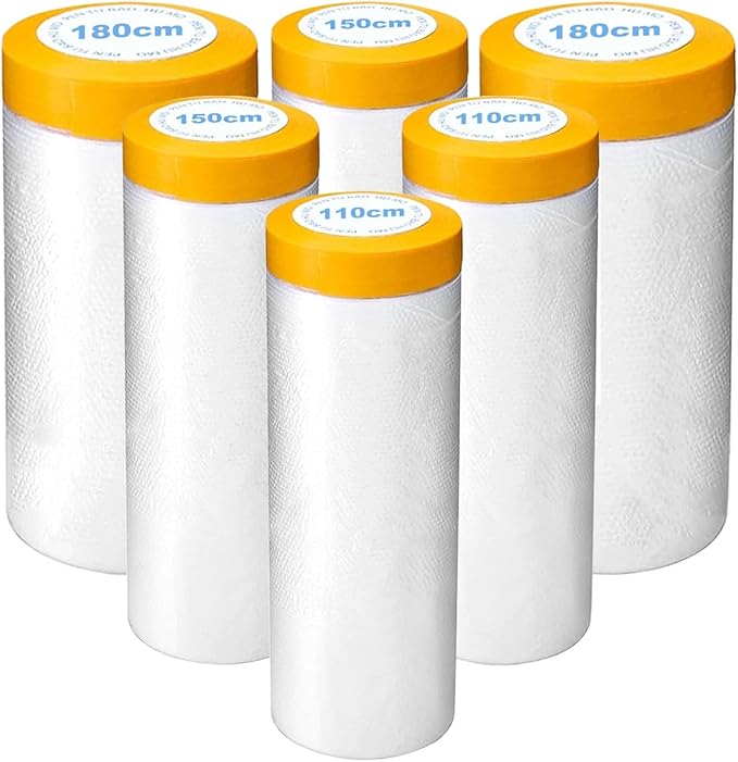6 Pack Protective Masking Film with Tape 3.6/5/6 x 65 Ft Car Painters Plastic Sheeting Roll Tape and Drape Masking Film for Automotive Painting Covering Furniture, Auto Body, 3 Size