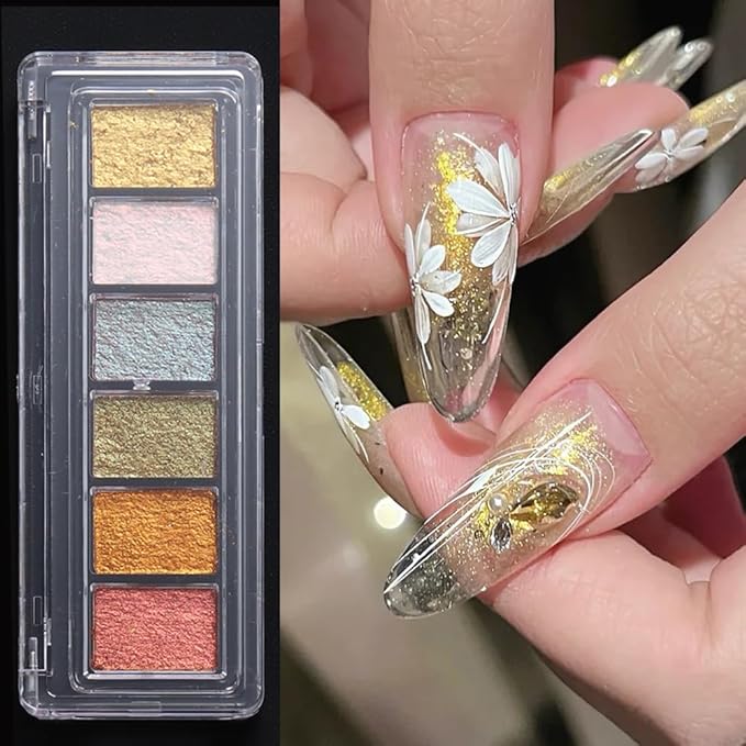 6 Colors Solid Metallic Nail Glitter Powder Set, Gold Foil Flakes for Resin, Holographic Chameleon Sparkly Gilding Flakes Kit for Gel Polish Nail Art Decorations…