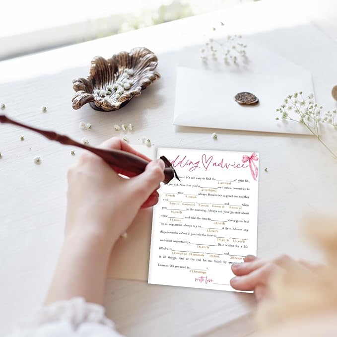 Wedding Shower Games Cards, Wedding Advice Word Game, Bridal Shower Games 25 Guests, Engagement Party Wedding Games for Guests, Pink Ribbon Bow Wedding Party Supplies - E06
