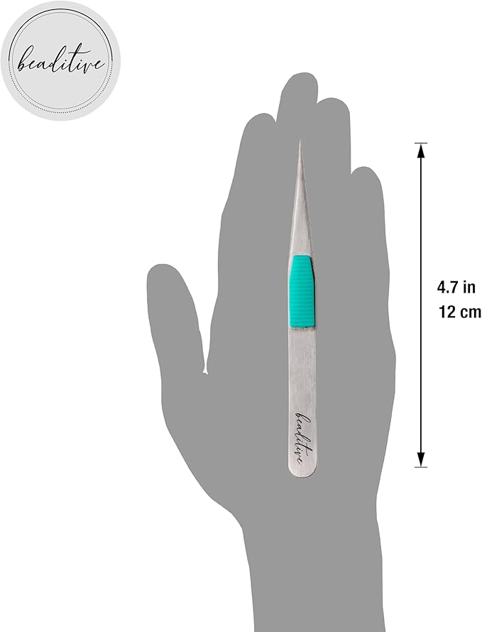 Beaditive High Precision Heavy-Duty Tweezers With Cushion - 4.7" Craft Tweezers for Sewing, Beading & DIY Crafts - Non-Serrated, Fine Point Tips - Stainless Steel Needle Nose Hobby Tweezers (Teal)