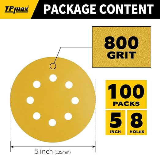 100PCS 5 Inch 800 Grit 125mm 8 Hole Sanding Discs Sandpaper - Premium Gold Round Hook and Loop for Random Orbital Sander - Ideal for Wood, Metal, Automotive