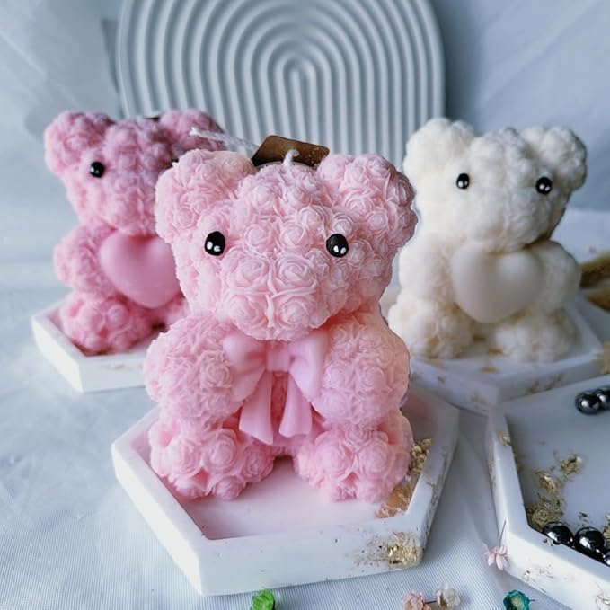 Bowtie Rose Bear Candle Mold - 3D Teddy Bear Candle Making Molds, Cute Epoxy Resin Molds for DIY Handmade Soaps,Valentine Gifts,Mother's Day Gifts,Birthday Gifts & Home Decorations(Bow Tie Bear Large)