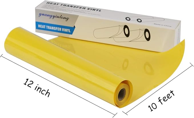 Guangyintong Heat Transfer Vinyl HTV Rolls, 12" x 10ft Matte Surface Yellow Iron on Vinyl for T-Shirts, Easy to Cut & Weed for All Cutter Machine, Heat Vinyl DIY Design