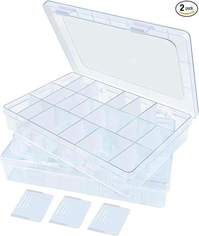 2Pack 24 Grids Craft Organizers and Storage Bead Organizer Tackle Box Organizer with Adjustable Divider, Plastic, Clear