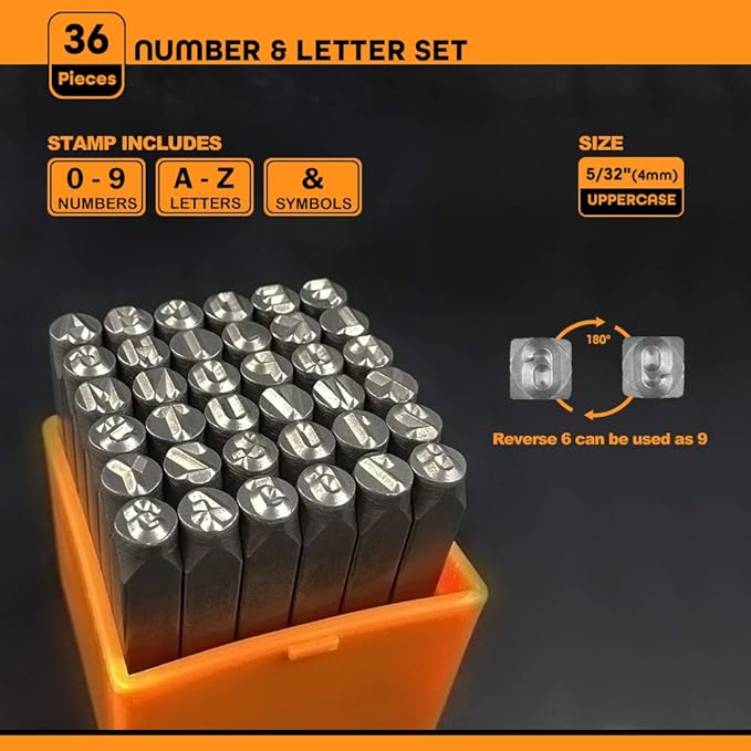 OWDEN Professional 36Pcs.Steel Metal Alphabet and Figure Punch Set (5/32”) 4mm Uppercase,Steel Number and Letter Punch Set, Jewelry Craft Stamping Tool.
