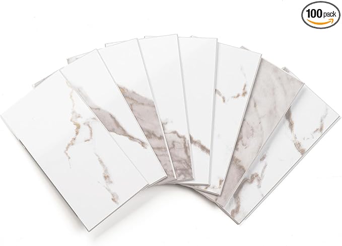 100 Pieces Peel and Stick Backsplash for Kitchen, 3" x 6" PVC Subway Tile 2026 Upgraded White Marble with Gold Accent Backsplash Stick on Tile Elevate Kitchen Fireplace RV