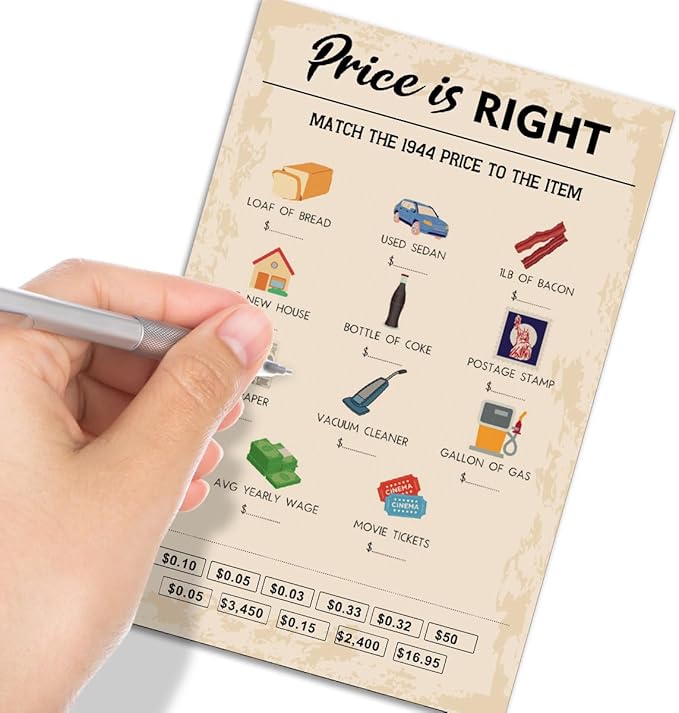 QUPT 80th Birthday Party Games, Price is Right Games, Birthday Party Supplies for Adults, Fun 1943s Party Game，Pack of 30 Cards