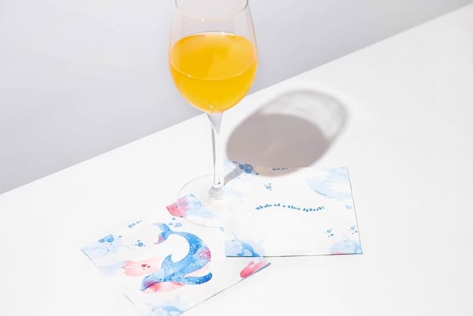 80 pcs Premium Designer Cocktail Beverage Napkins, 3-Ply 5 x 5-inches Disposable Napkin, Aqua Amore Dreams of Whale