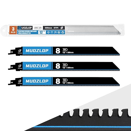 3 Pack 12 inch Reciprocating Saw Blades Set， 8 TPI High Carbon Saw Blades for Metal ，Saw Blades with Organizer Case (3, 8T/12inch)
